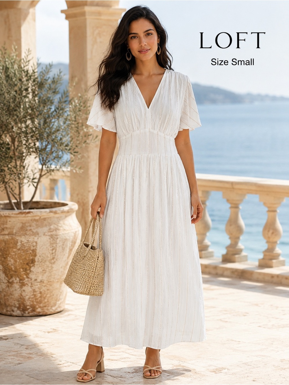 LOFT White Gold Metallic Stripe Flutter Sleeve Maxi Dress S